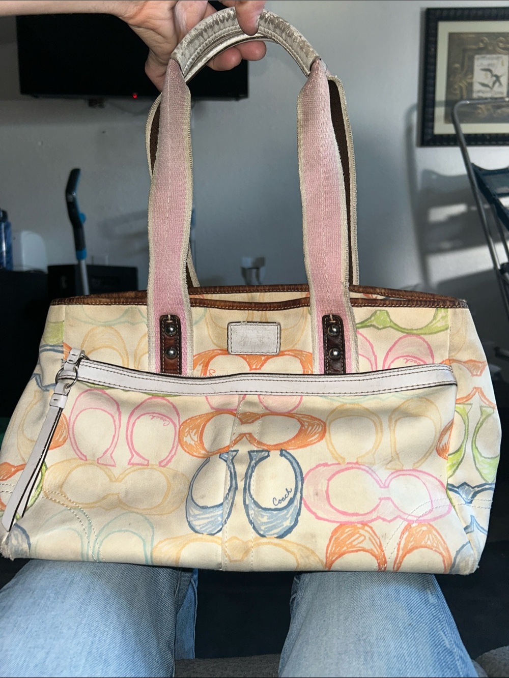 Coach Vintage Cream Multi-Color Patterned Tote Bag with Pink Handles
